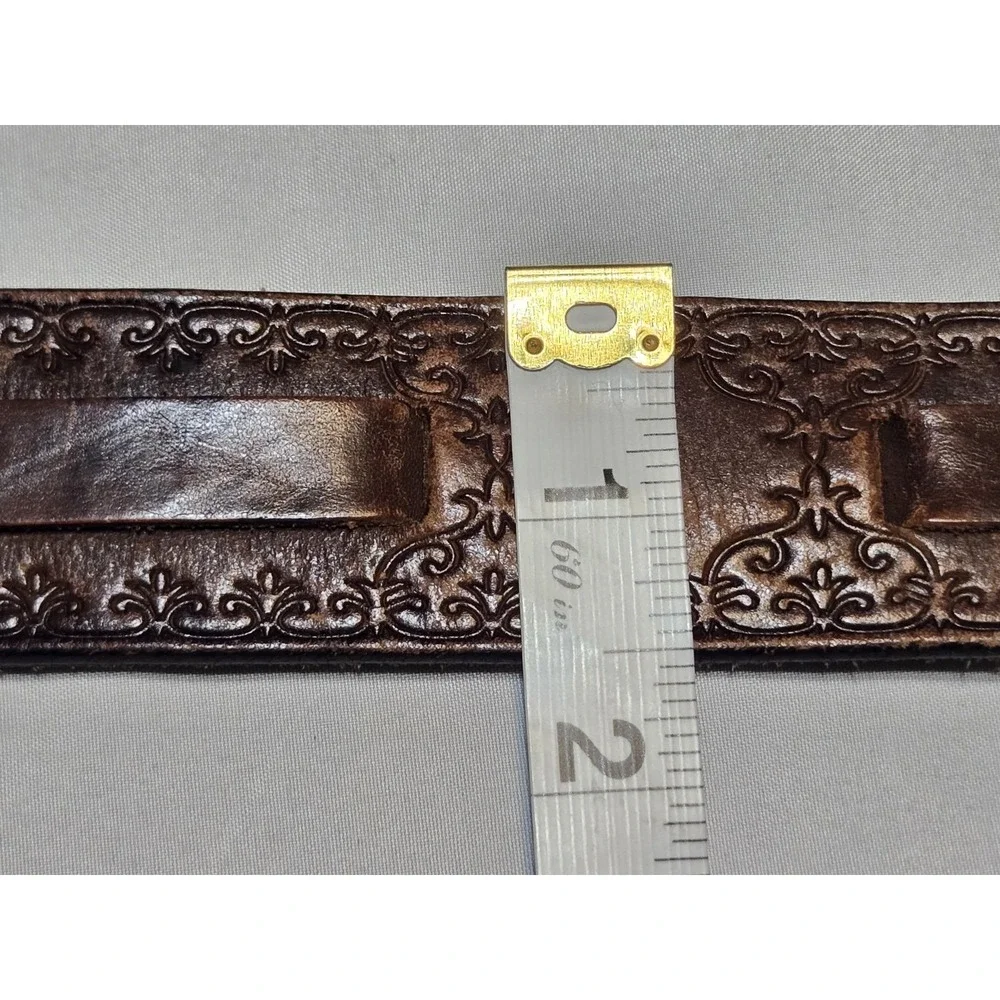 Vtg Genuine Soft Leather Brown Embossed Belt Bronze Buckle 34-38